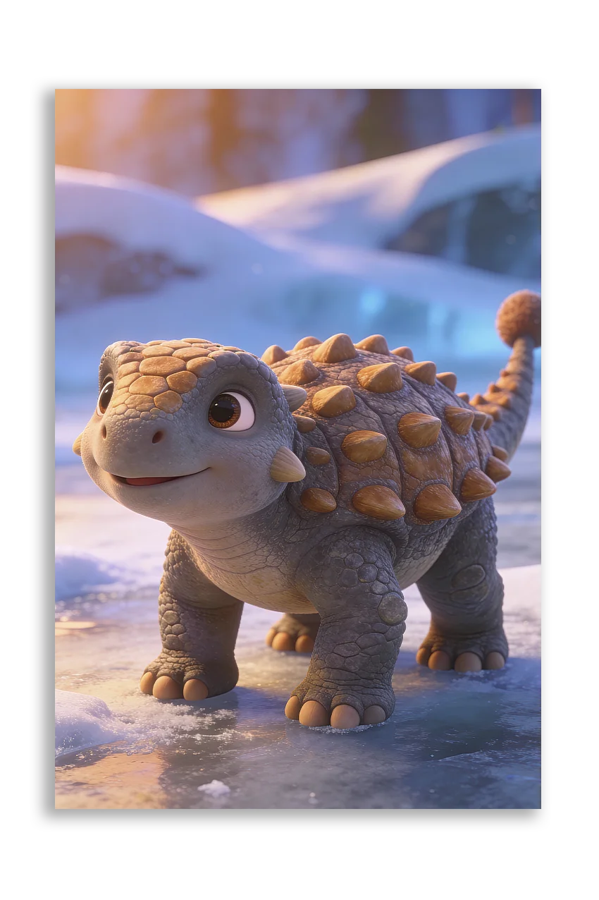 Akustikbillede med en tegnet ankylosaurus-unge på en snedækket slette