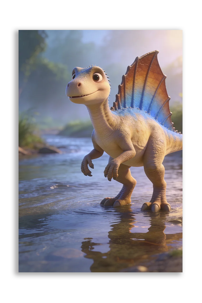 Akustikbillede med en tegnet spinosaurus-unge med rygsejl ved en flod