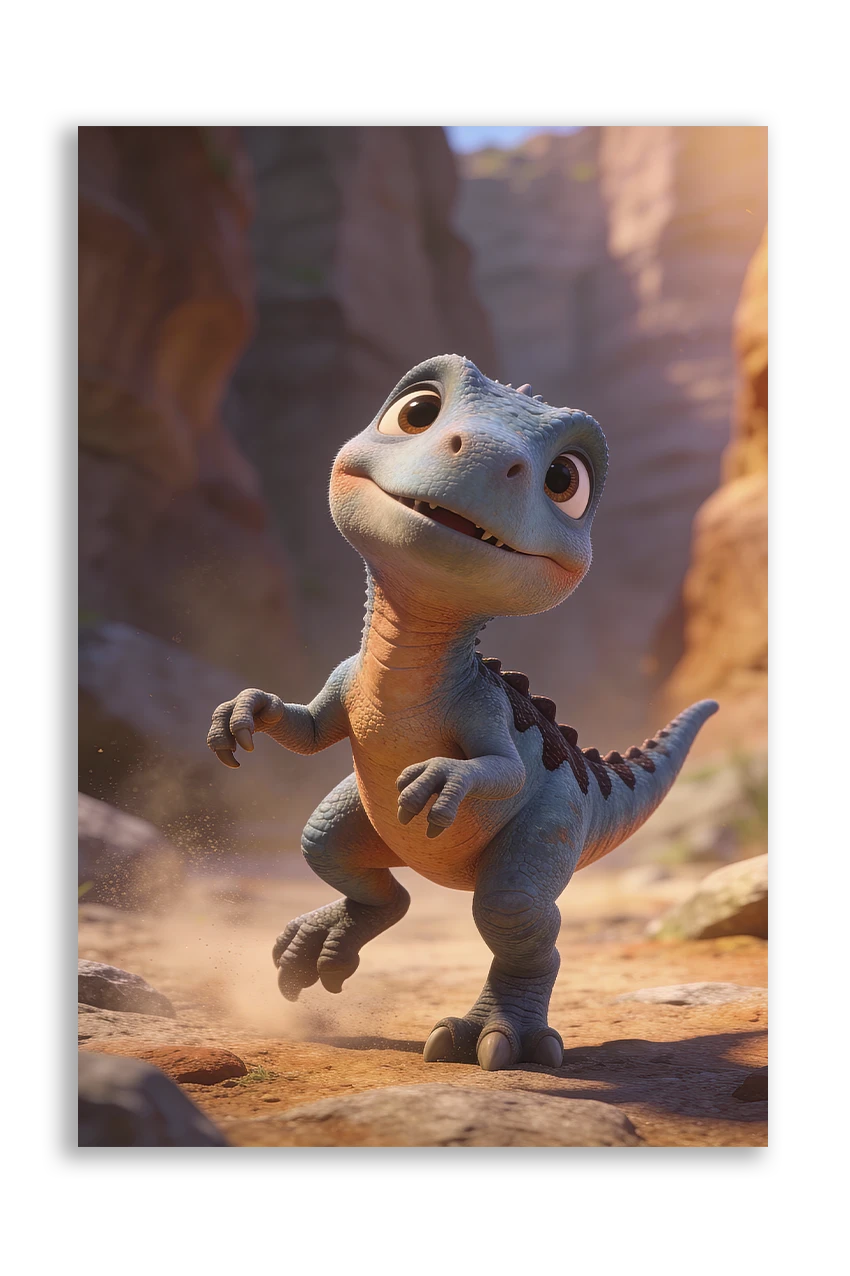 Akustikbillede med en tegnet velociraptor-unge i et klippelandskab