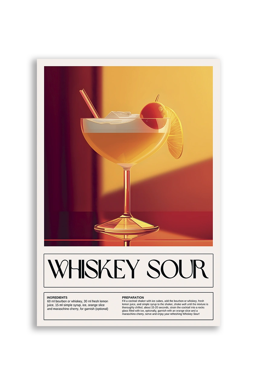 Akustikbillede med en retro cocktailplakat med Whiskey Sour