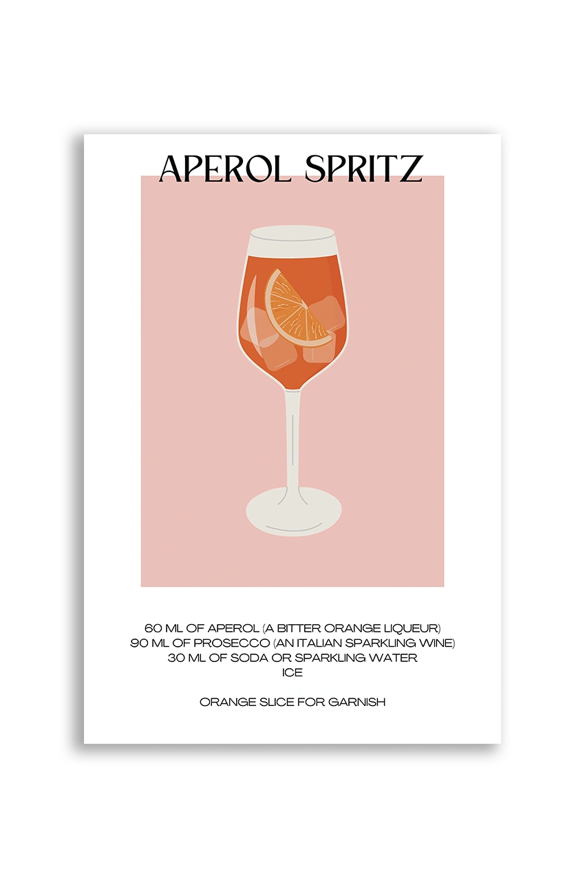 Akustikbillede med en minimalistisk cocktailplakat med Aperol Spritz