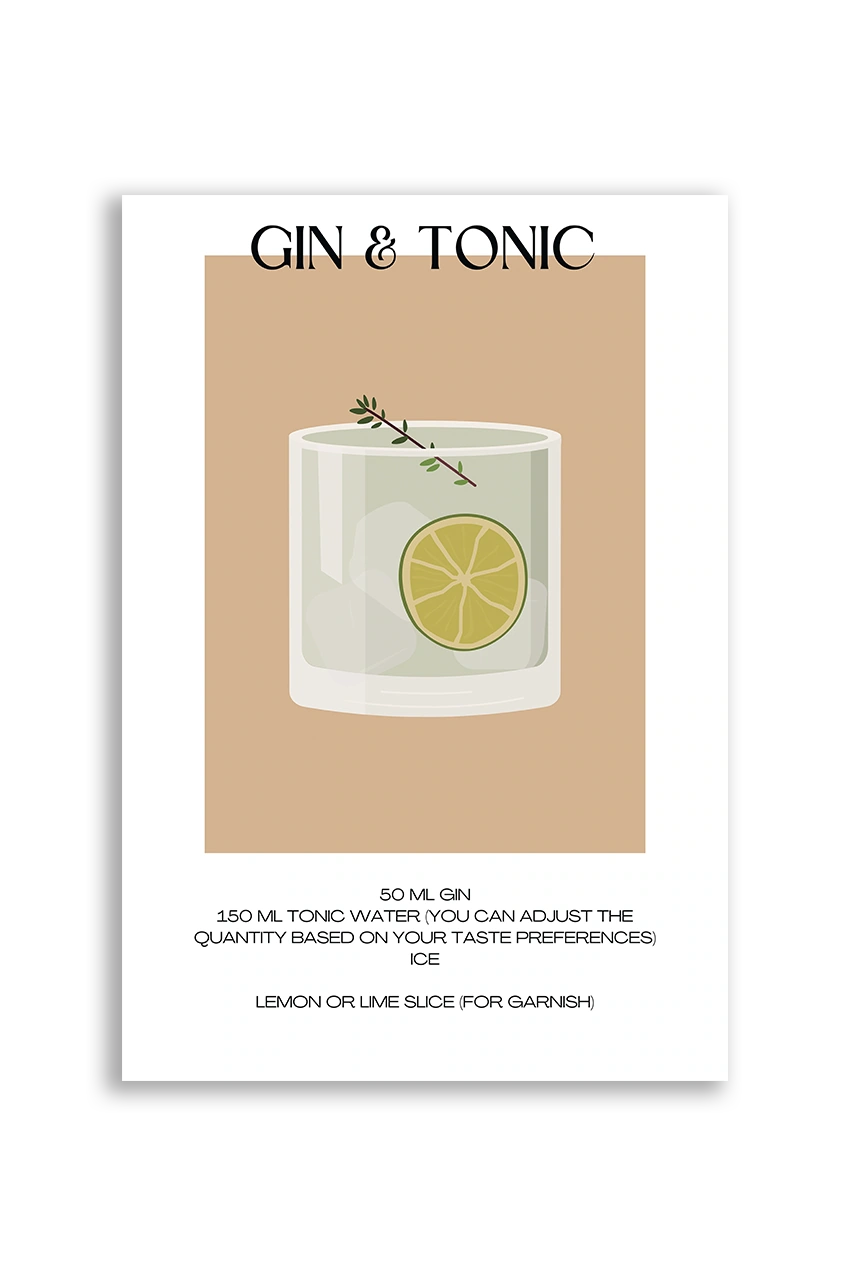 Akustikbillede med en minimalistisk cocktailplakat med Gin & Tonic