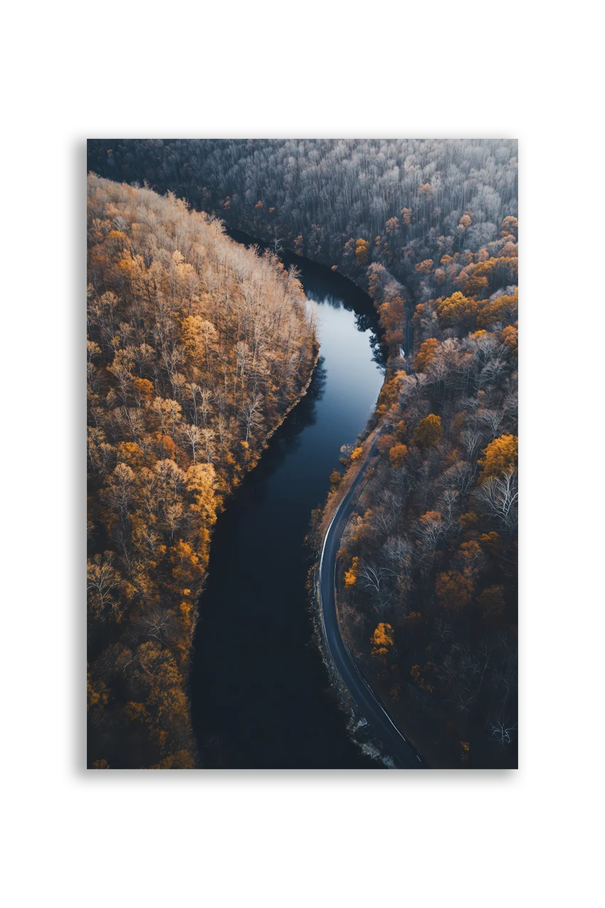 Akustikbillede med dronefoto af en flod gennem efterårsskov i orange og brune toner