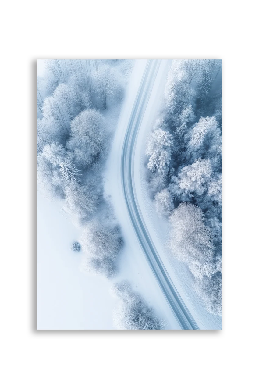 Akustikbillede med dronefoto af en vej gennem sneklædt vinterskov i lyseblå toner