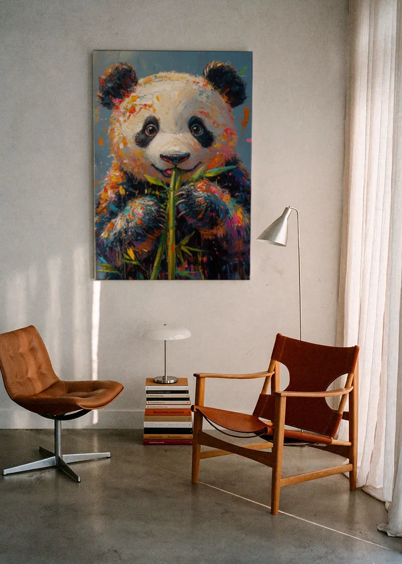 Akustikbillede med en farverigt malet panda, ophængt over en lænestol