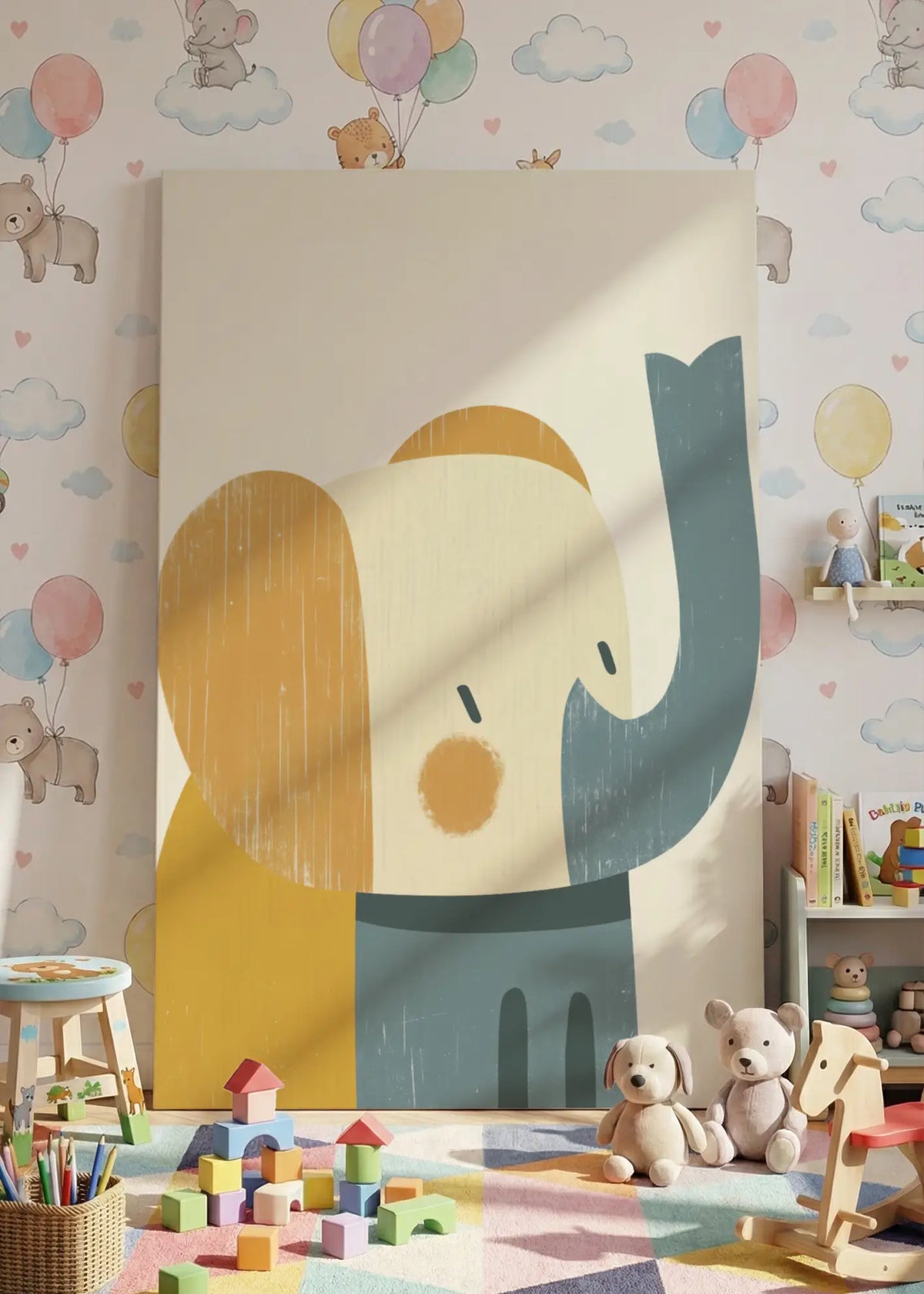 Akustikbillede med en enkel illustration af en elefant i gult, i nærbillede mod ballontapet med legetøj i forgrunden