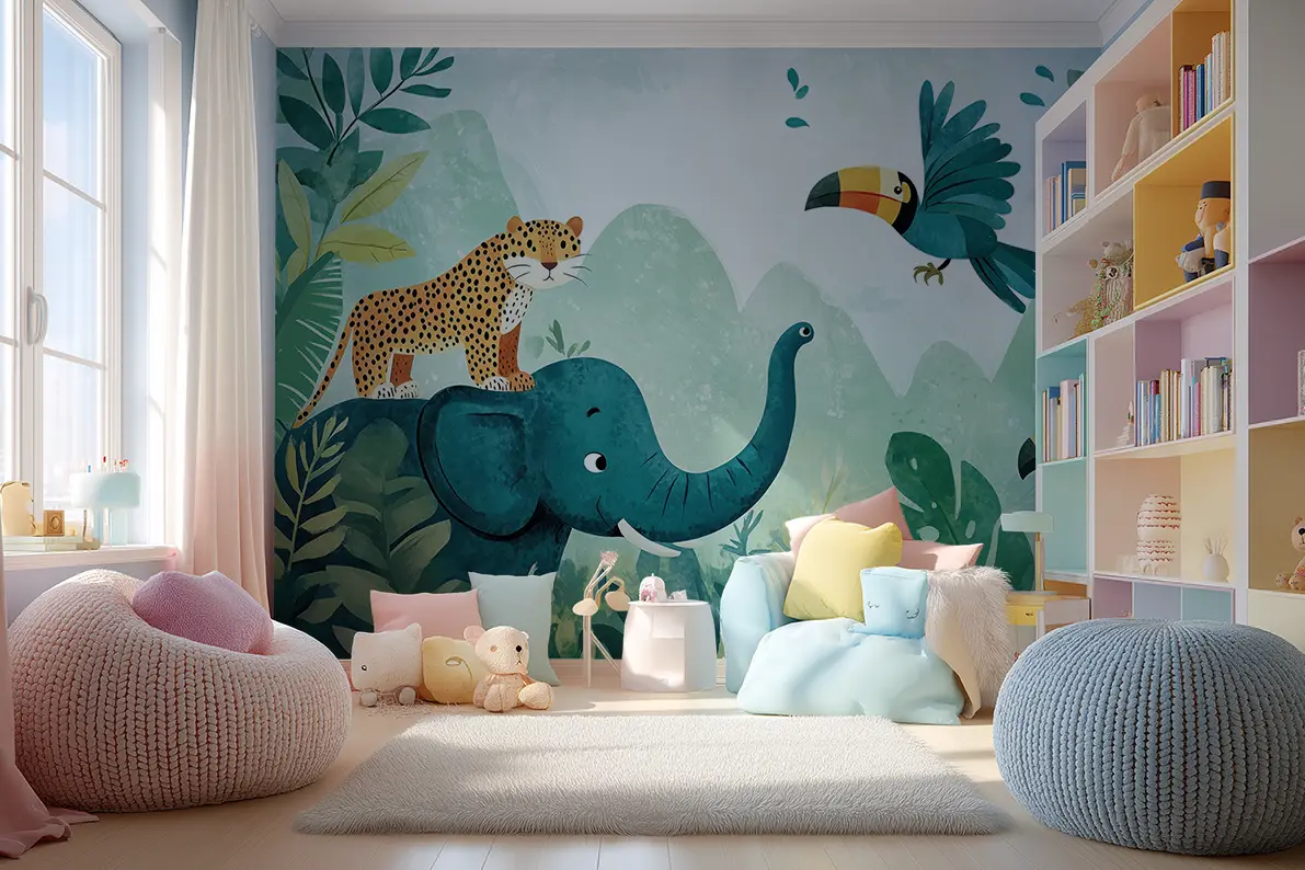 Akustikvæg med tegnede junglevenner med tiger og elefant