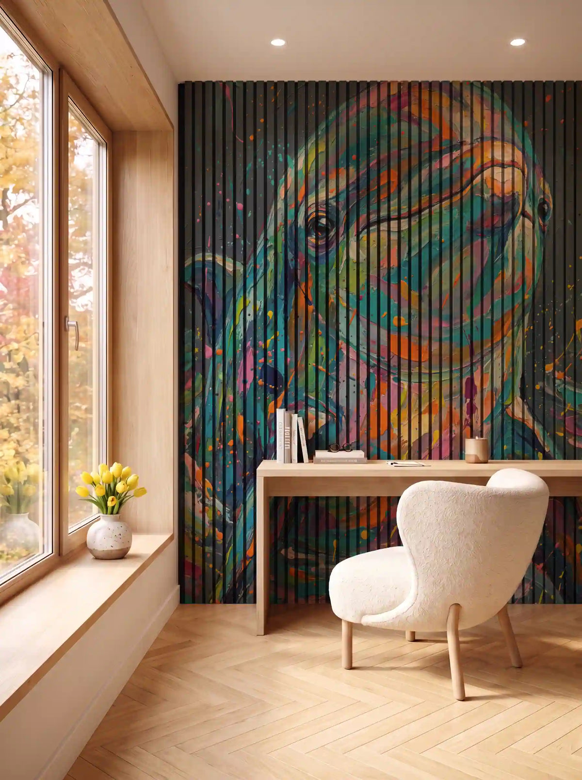 Akustikpanel med Painted Animal motiv nr. 17, i en spisestue