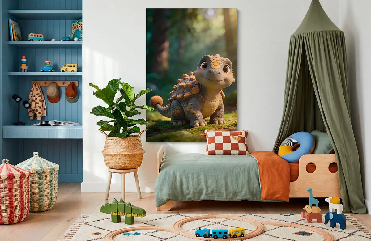 Akustikbillede med en sød tegnet ankylosaurus-unge med pansret ryg i skoven, stillet op ved sengen i et børneværelse med grøn sengehimmel