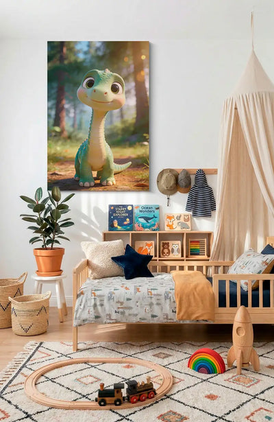 Akustikbillede med en sød tegnet brachiosaurus-unge med lang hals i skoven, ophængt over sengen i et børneværelse med sengehimmel