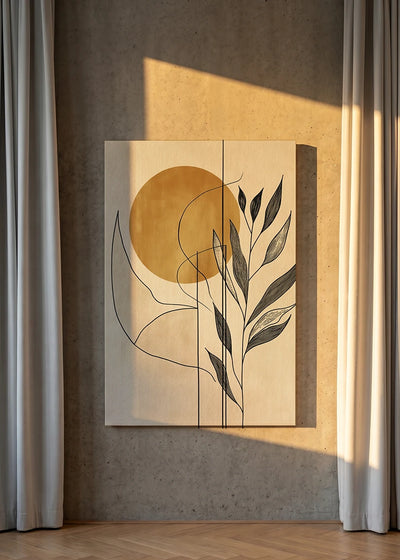 Akustikbillede med en gylden cirkel med grene i beige, set fra siden i skarpt sidelys mod væggen