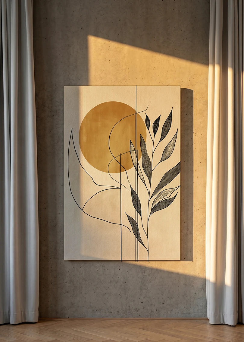 Akustikbillede med en gylden cirkel med grene i beige, set fra siden i skarpt sidelys mod væggen