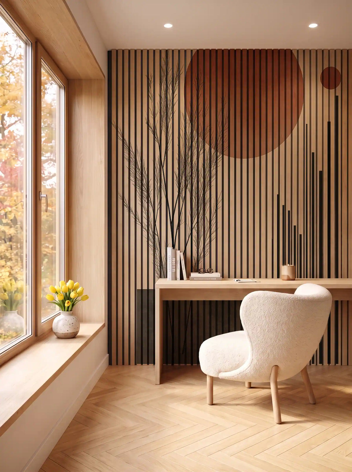 Akustikpanel med Abstract Nature-motiv nr. 2 – i spisestuen