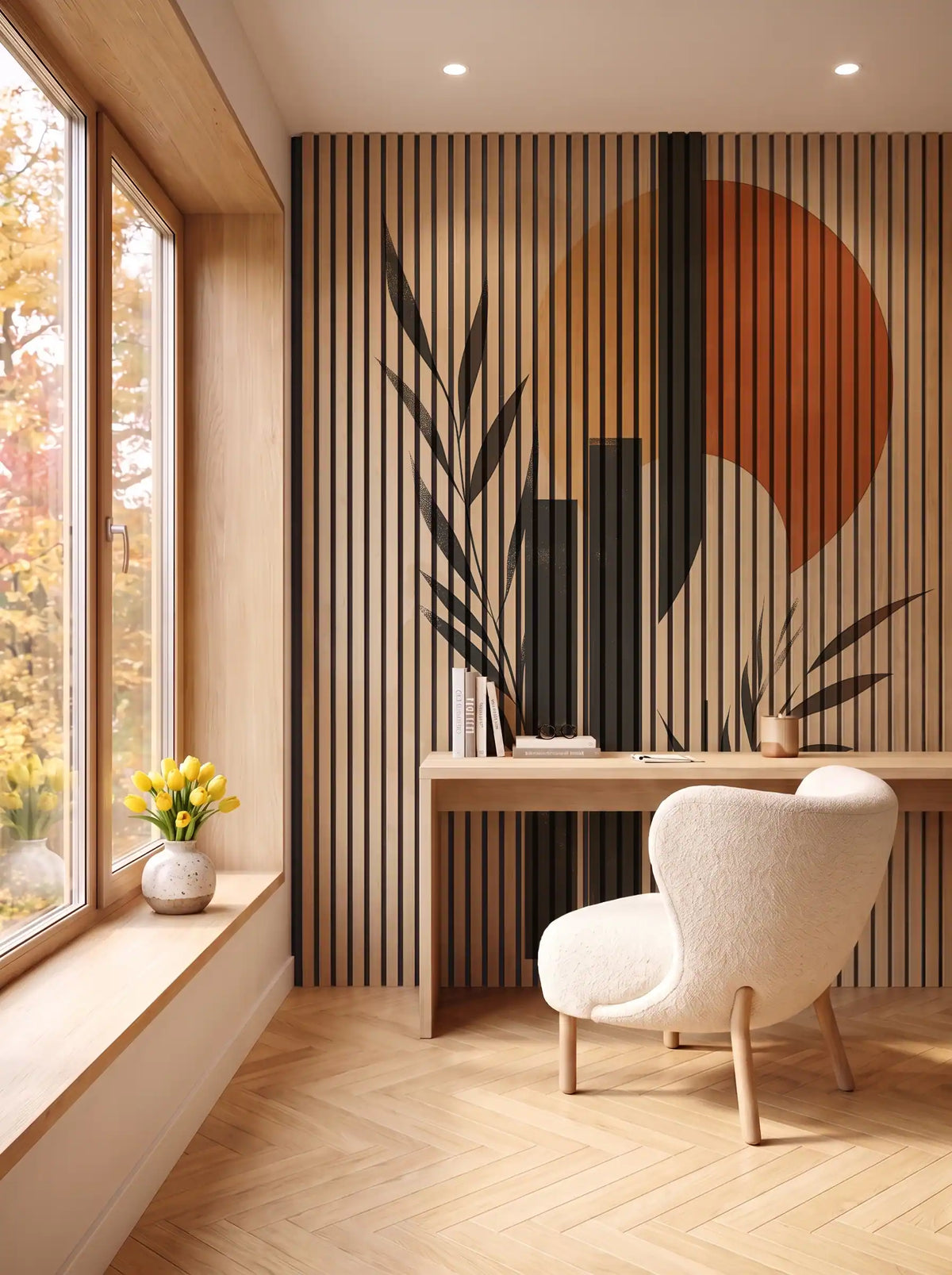 Akustikpanel med Abstract Nature-motiv nr. 11 – i spisestuen
