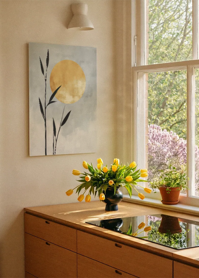 Akustikbillede med en gylden cirkel bag tynde grene på blå baggrund, ved et vindue med en blomsterbuket i karmen