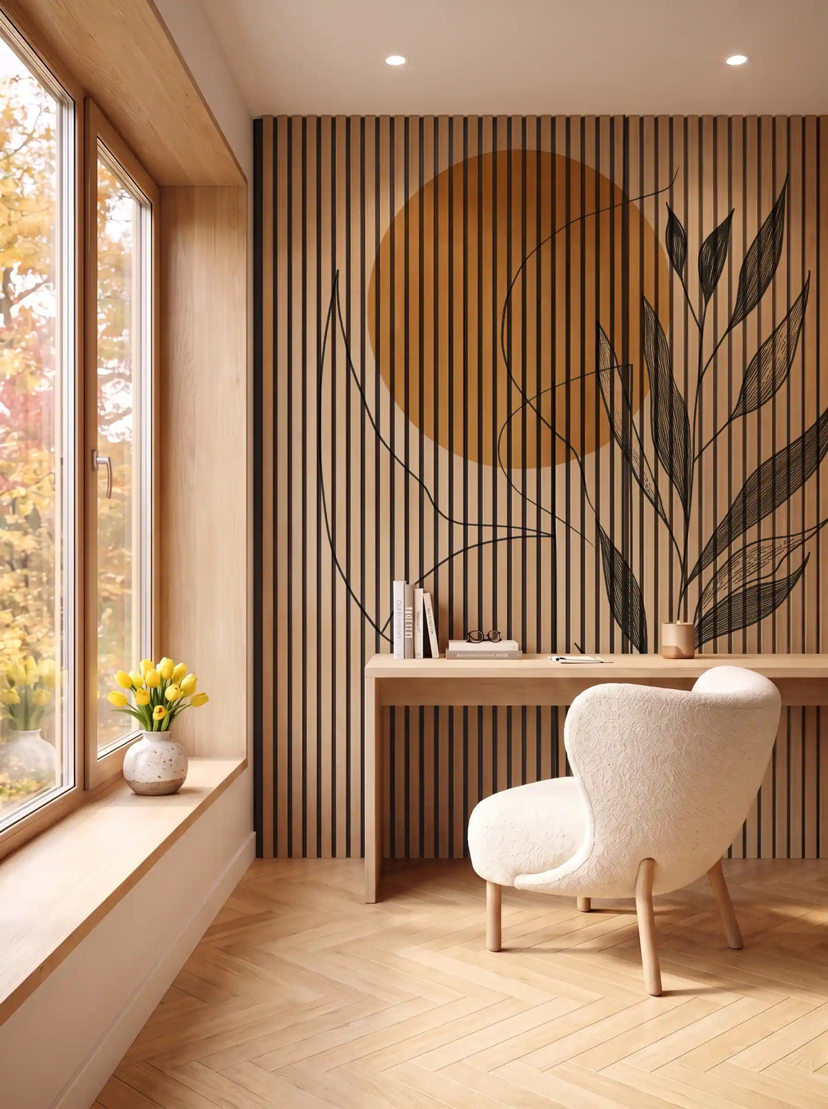 Akustikpanel med Abstract Nature-motiv nr. 18 – i spisestuen