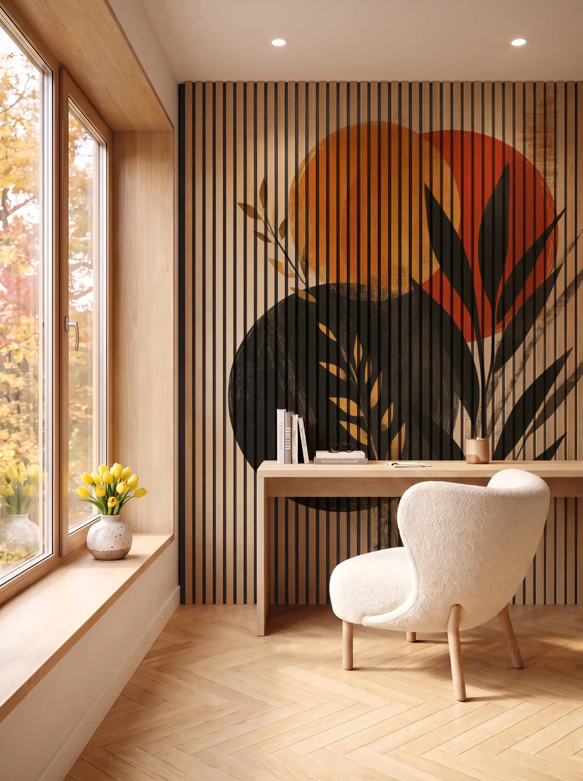 Akustikpanel med Abstract Nature-motiv nr. 22 – i spisestuen