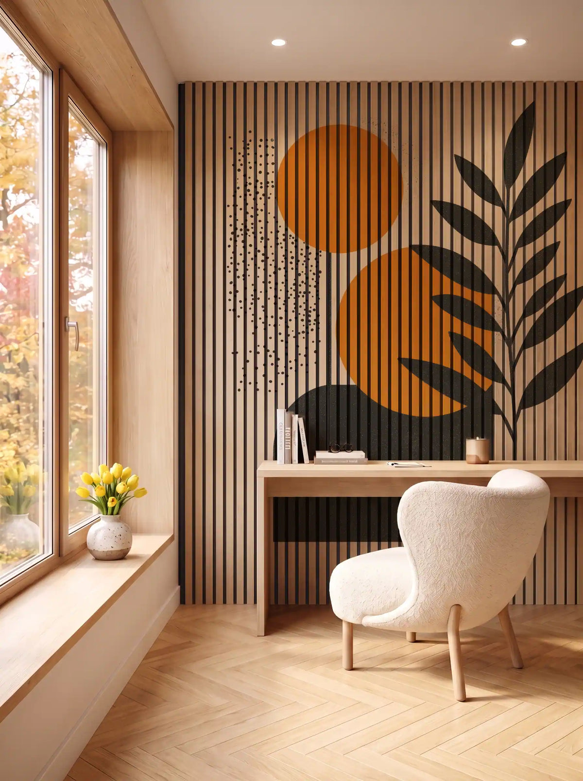 Akustikpanel med Abstract Nature-motiv nr. 25 – i spisestuen