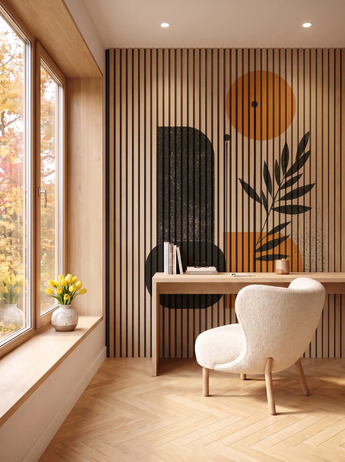 Akustikpanel med Abstract Nature-motiv nr. 26 – i spisestuen
