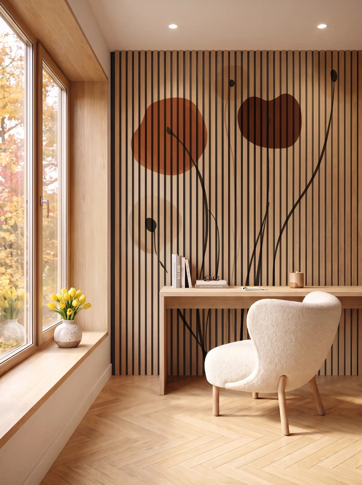 Akustikpanel med Abstract Nature-motiv nr. 28 – i spisestuen