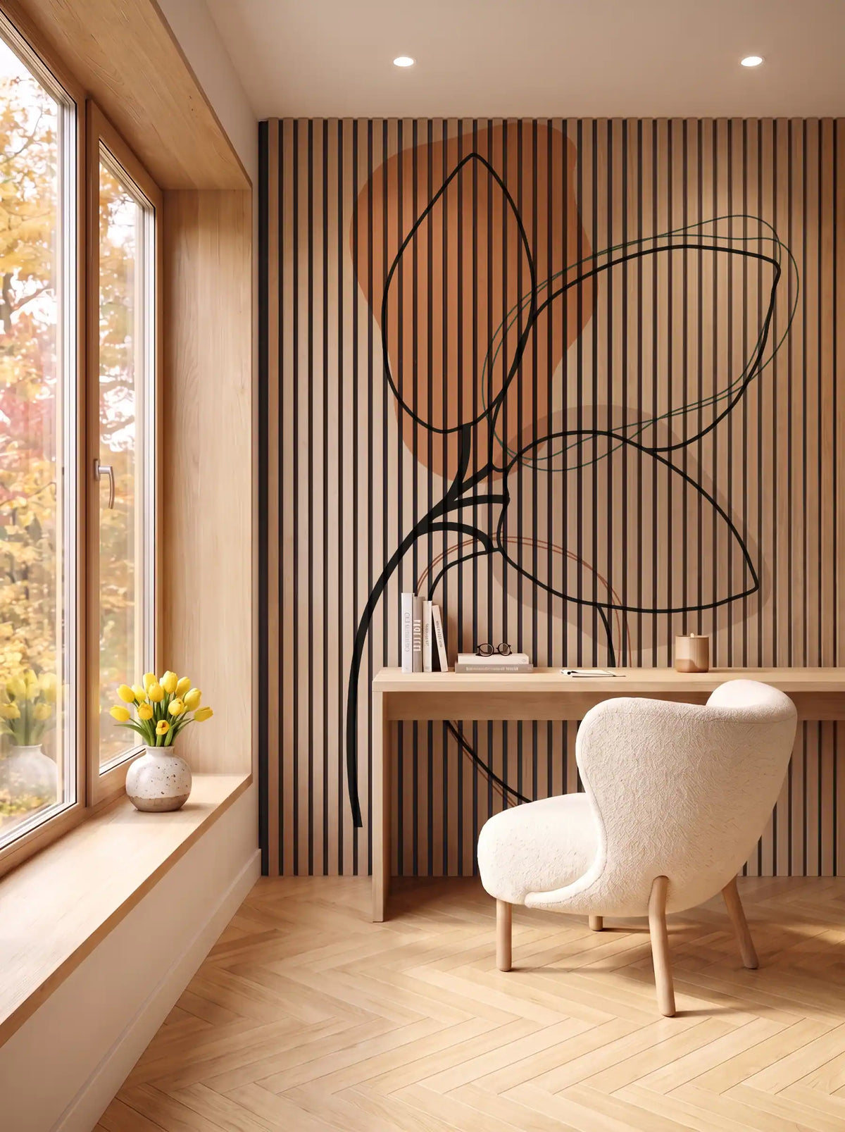 Akustikpanel med Abstract Nature-motiv nr. 32 – i spisestuen