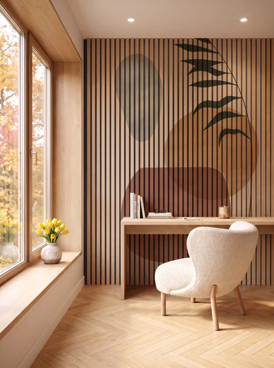 Akustikpanel med Abstract Nature-motiv nr. 36 – i spisestuen