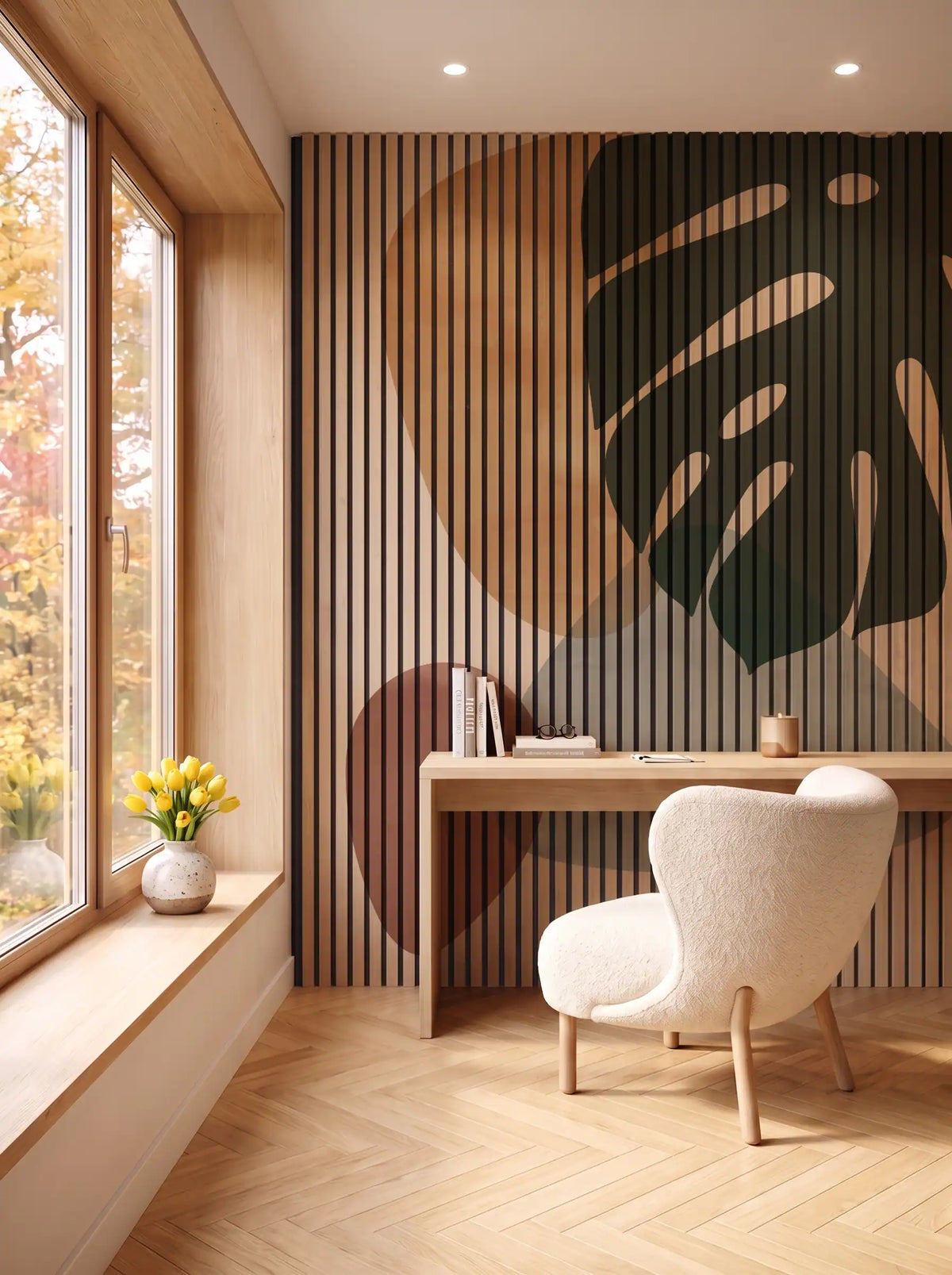 Akustikpanel med Abstract Nature-motiv nr. 37 – i spisestuen