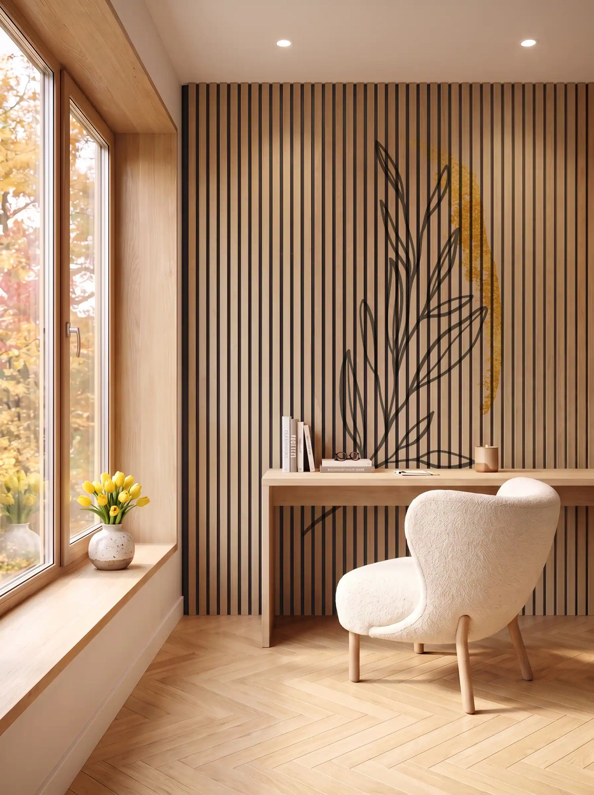 Akustikpanel med Abstract Nature-motiv nr. 41 – i spisestuen
