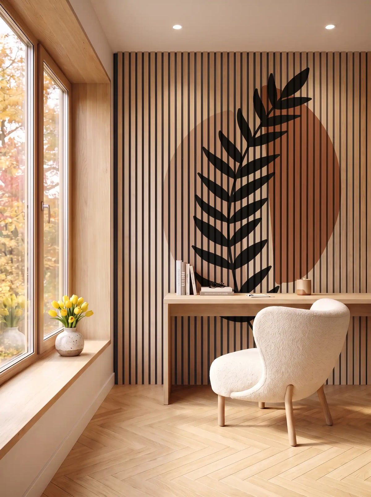 Akustikpanel med Abstract Nature-motiv nr. 43 – i spisestuen