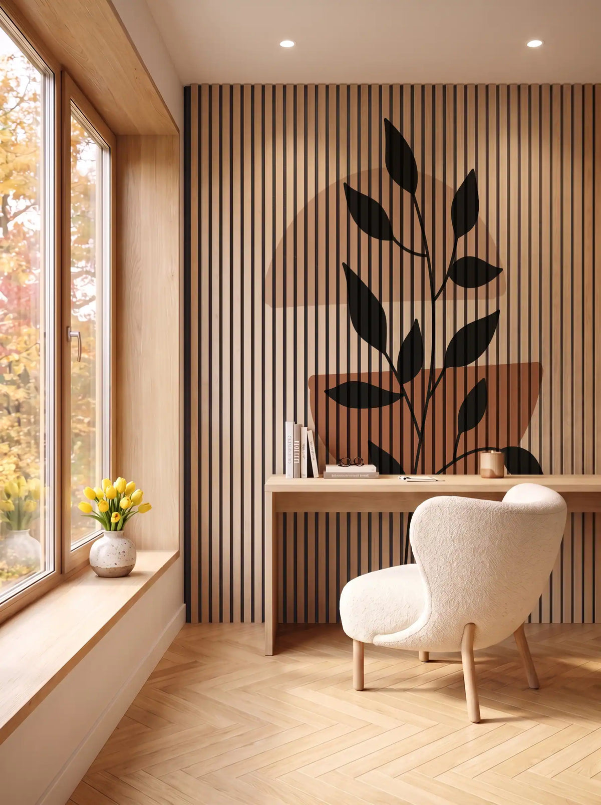 Akustikpanel med Abstract Nature-motiv nr. 44 – i spisestuen