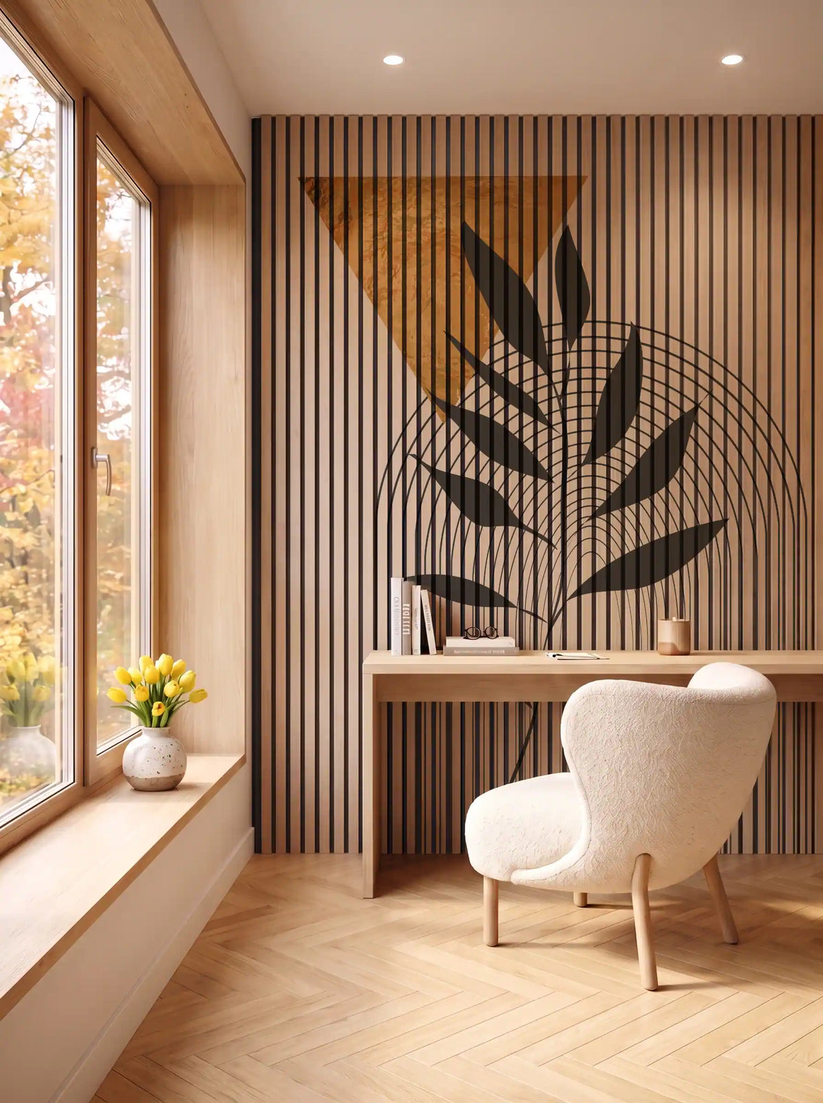 Akustikpanel med Abstract Nature-motiv nr. 49 – i spisestuen