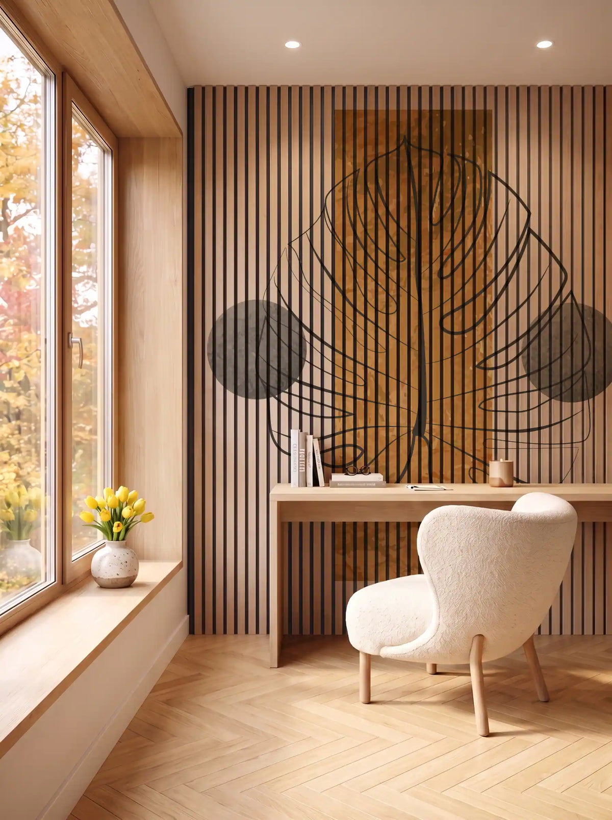 Akustikpanel med Abstract Nature-motiv nr. 50 – i spisestuen