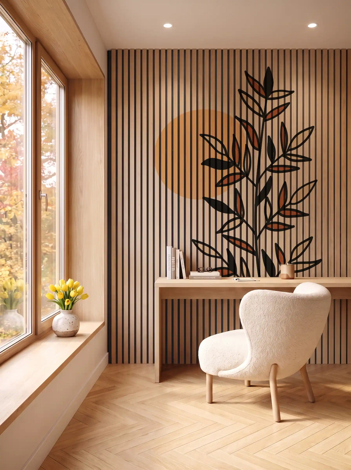 Akustikpanel med Abstract Nature-motiv nr. 55 – i spisestuen