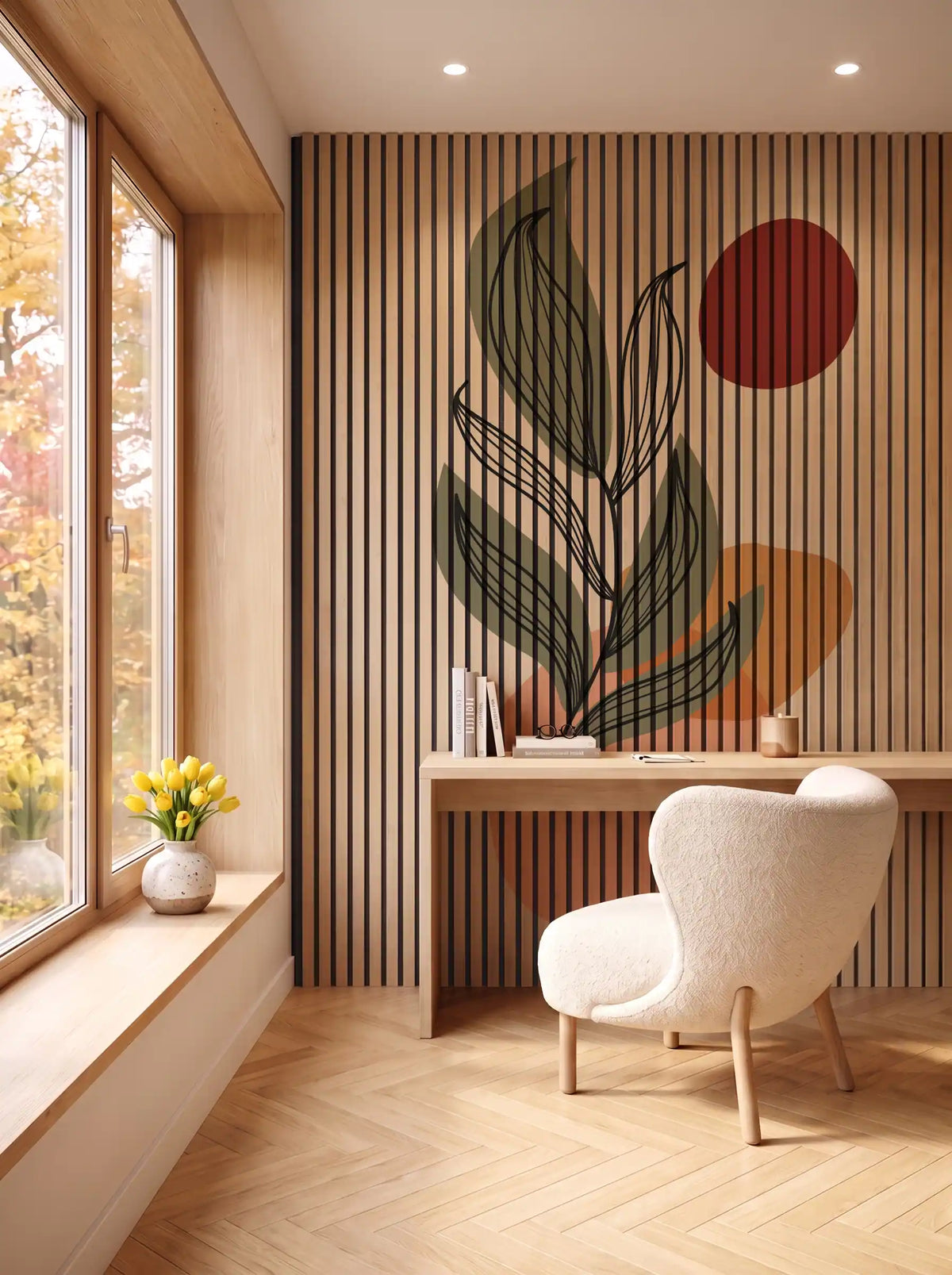 Akustikpanel med Abstract Nature-motiv nr. 57 – i spisestuen