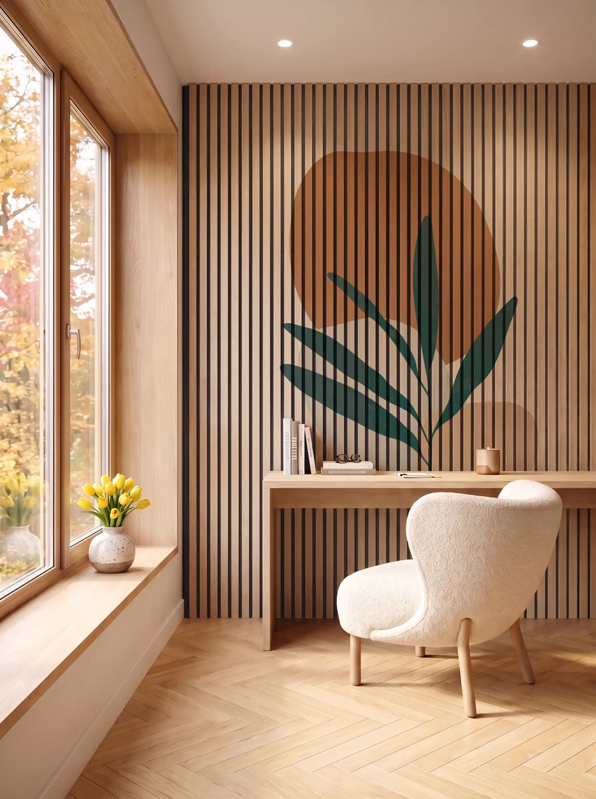 Akustikpanel med Abstract Nature-motiv nr. 59 – i spisestuen
