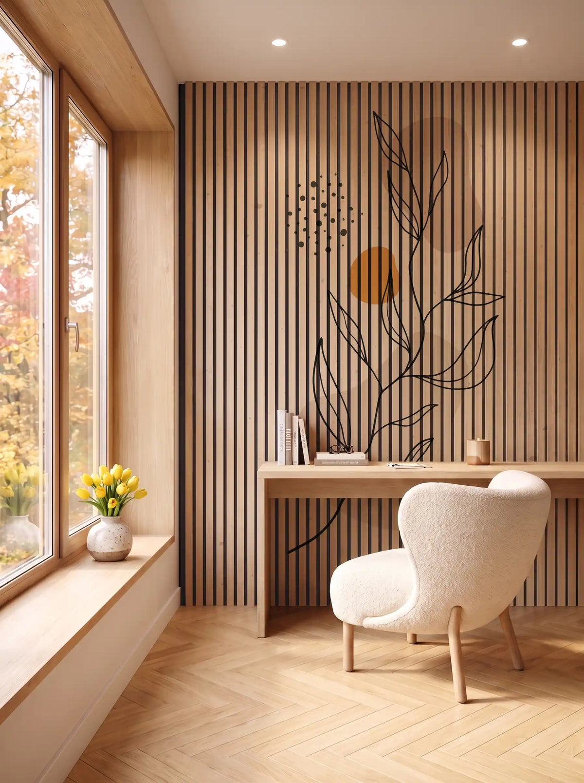 Akustikpanel med Abstract Nature-motiv nr. 61 – i spisestuen