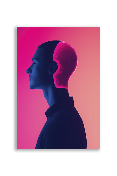 Akustikbillede med en dobbeltprofil i lilla på pink baggrund