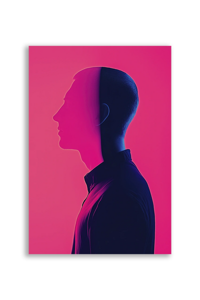 Akustikbillede med en dobbeltprofil i mørkeblåt på pink