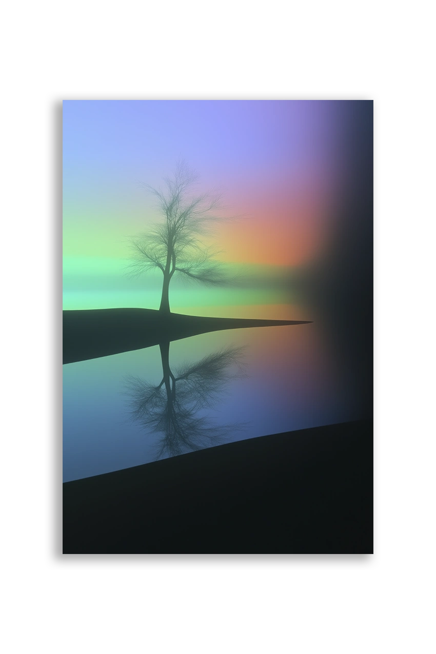 Akustikbillede med et enligt træ mod en pastelfarvet gradient