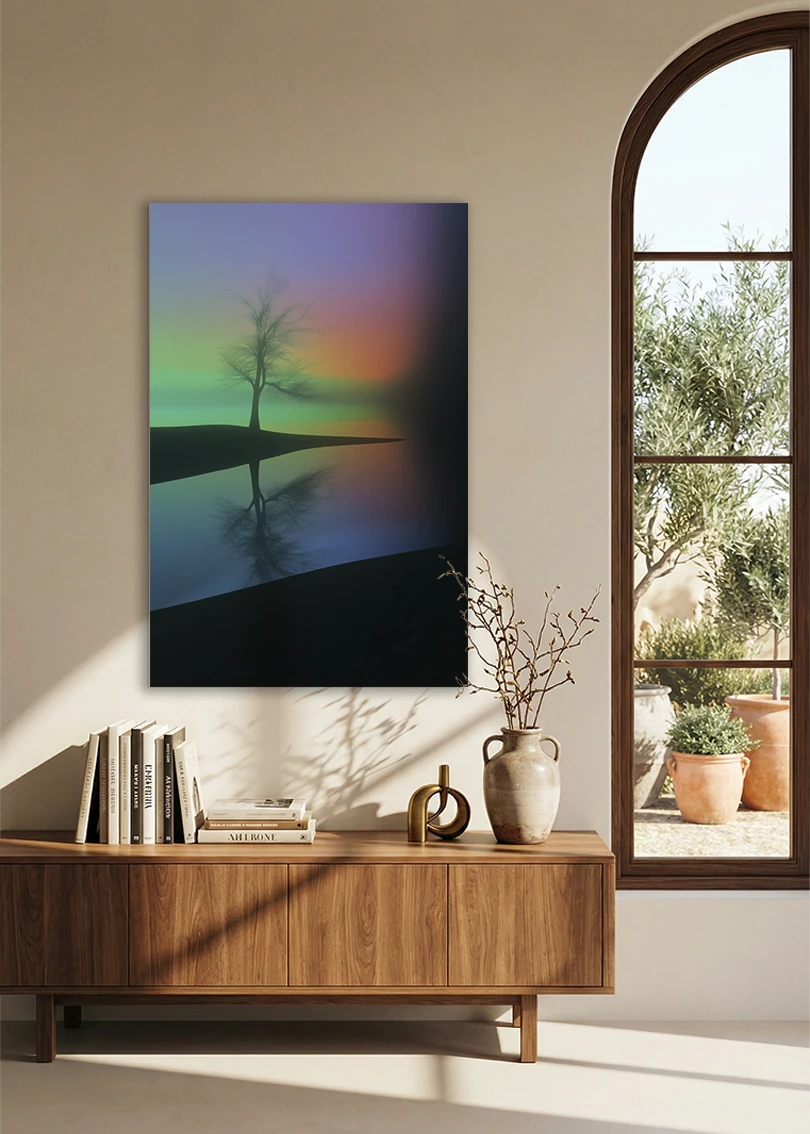 Akustikbillede med et enligt træ mod en pastelfarvet gradient, ved et buet vindue med reol