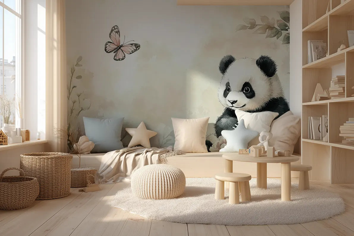 Akustikvæg med en tegnet panda med sommerfugle