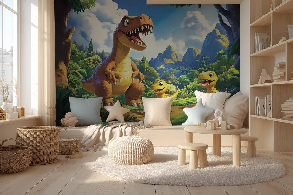 Akustikvæg med to tegnede dinosaurer i et bjerglandskab, set fra en anden vinkel i børneværelset