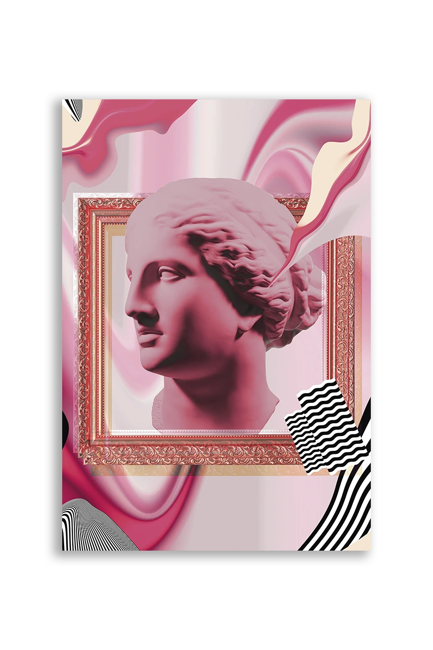 Akustikbillede med en gipsbuste i en pink collage