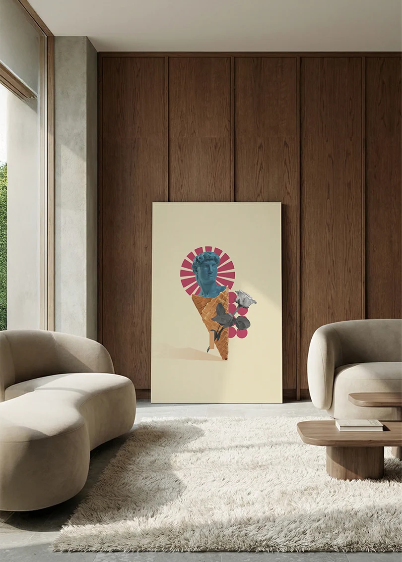 Akustikbillede med en collage af en vaffelis med blomster, i en lounge med bugtet sofa mod vægpanel i valnød