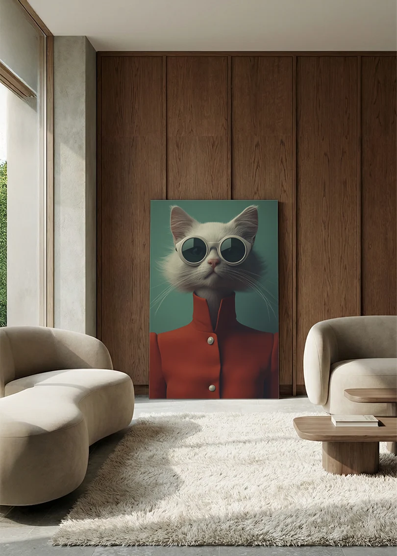 Akustikbillede med en kat med solbriller i rød jakke, i en lounge med bugtet sofa mod vægpanel i valnød