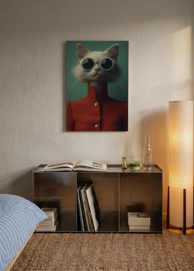 Akustikbillede med en kat med solbriller i rød jakke, over en reol i et soveværelse med tændt gulvlampe
