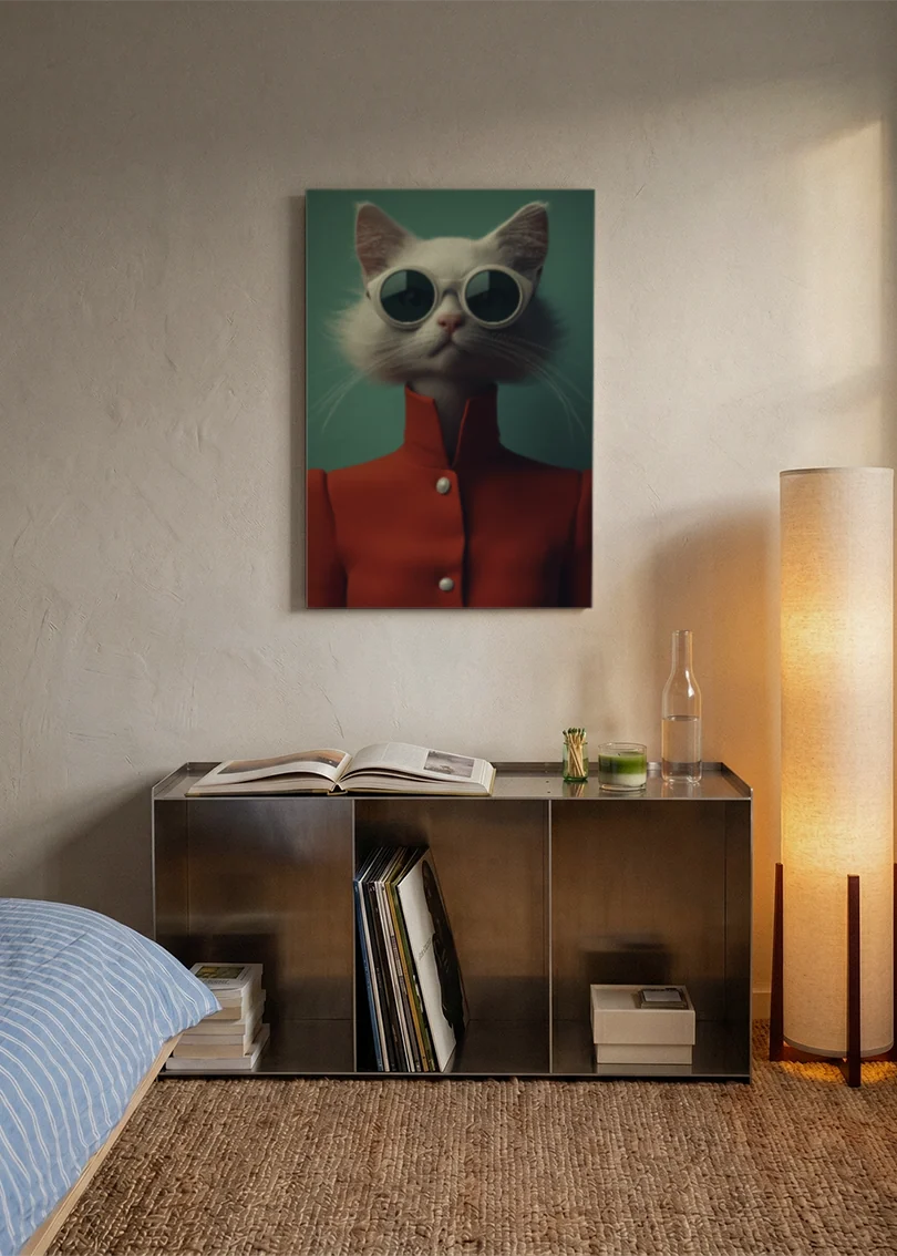 Akustikbillede med en kat med solbriller i rød jakke, over en reol i et soveværelse med tændt gulvlampe