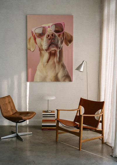 Akustikbillede med en hund med solbriller, ophængt over en lænestol ved gardinet med gulvlampe