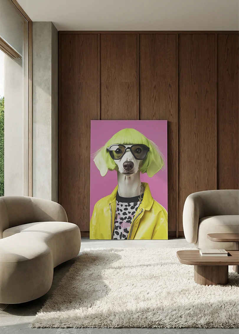 Akustikbillede med en hund med gule solbriller og gul jakke, i en lounge med bugtet sofa mod vægpanel i valnød