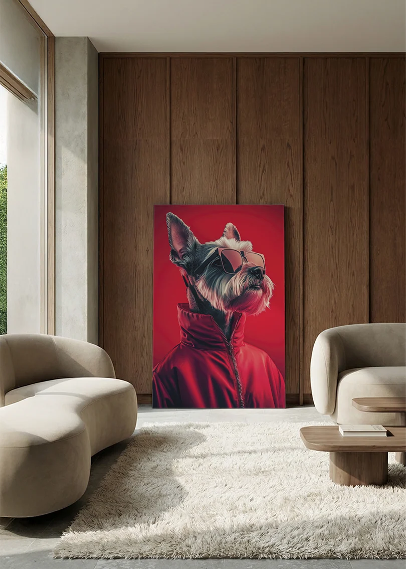 Akustikbillede med en hund i rød jakke på rød baggrund, i en lounge med bugtet sofa mod vægpanel i valnød